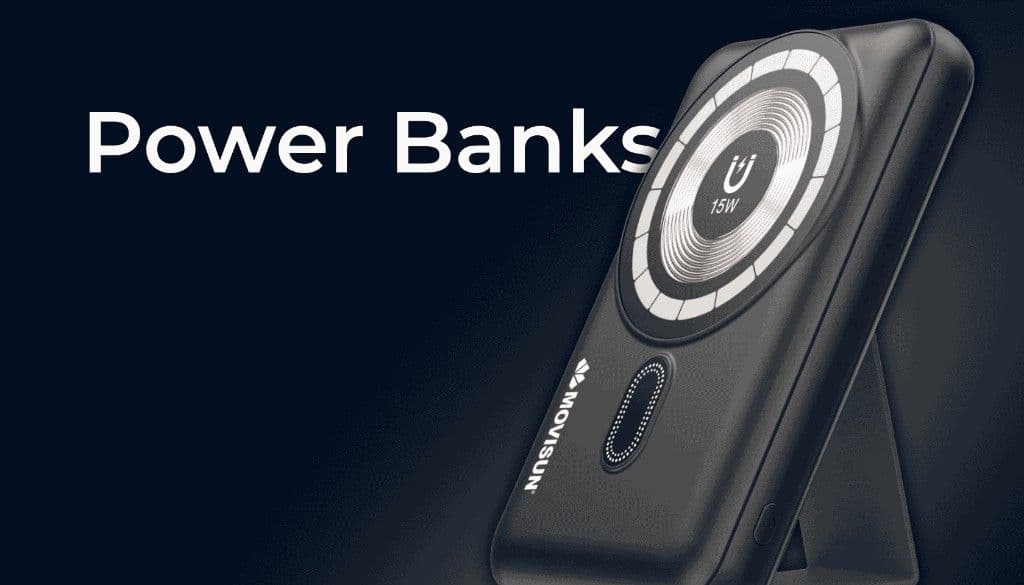 Baterías portátiles: power bank negro con carga magnética de 15W sobre fondo oscuro